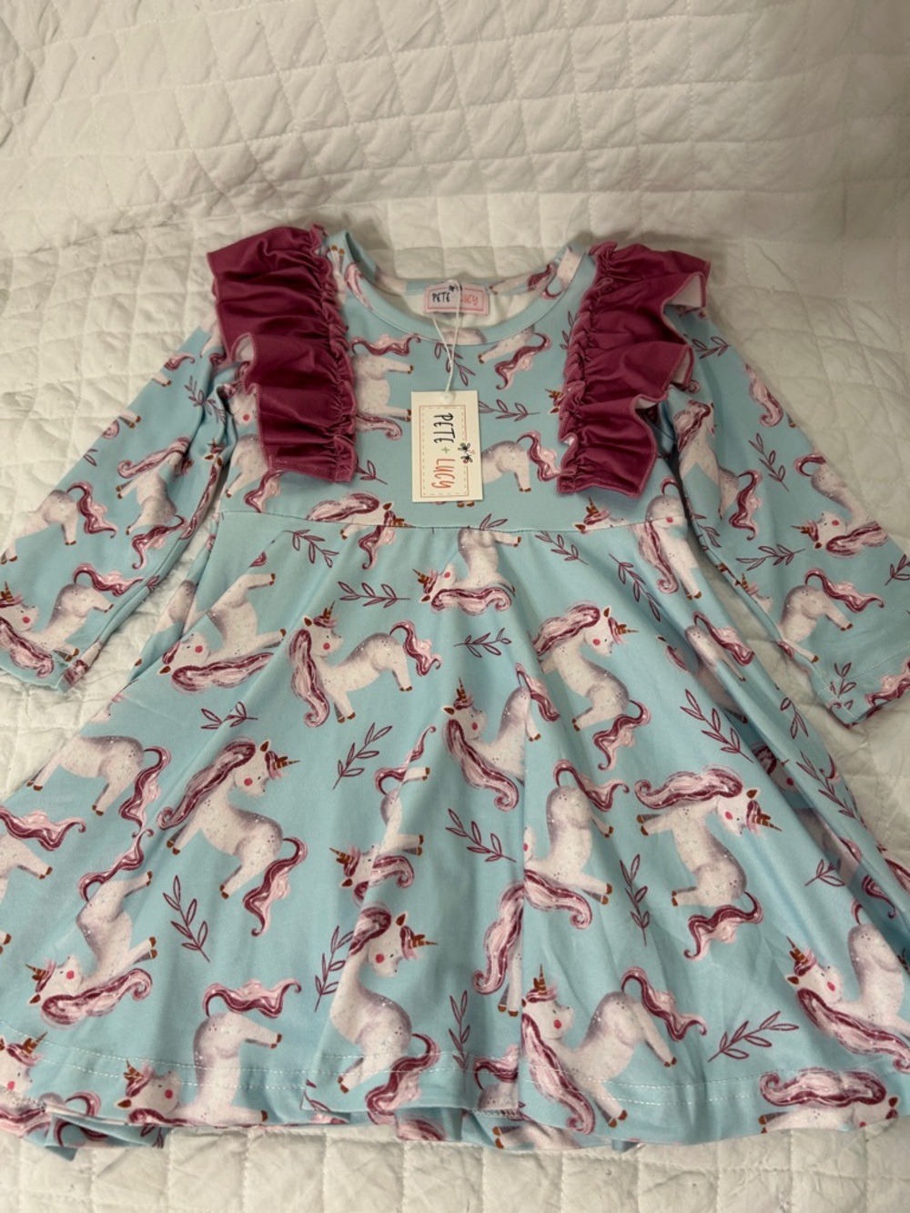 Pete + Lucy Toddler Girls’ Mauve and Blue Unicorn Ruffle Dress